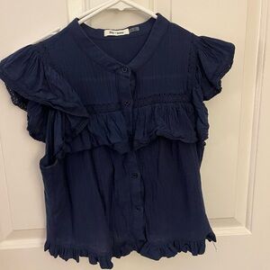 Day + Moon Navy Ruffle Button-Front Blouse
